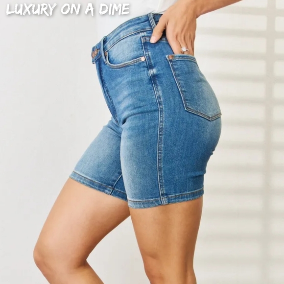 Judy Blue Tummy Control High Rise Retro Double Button Waist Denim Jean Shorts - Picture 4 of 13